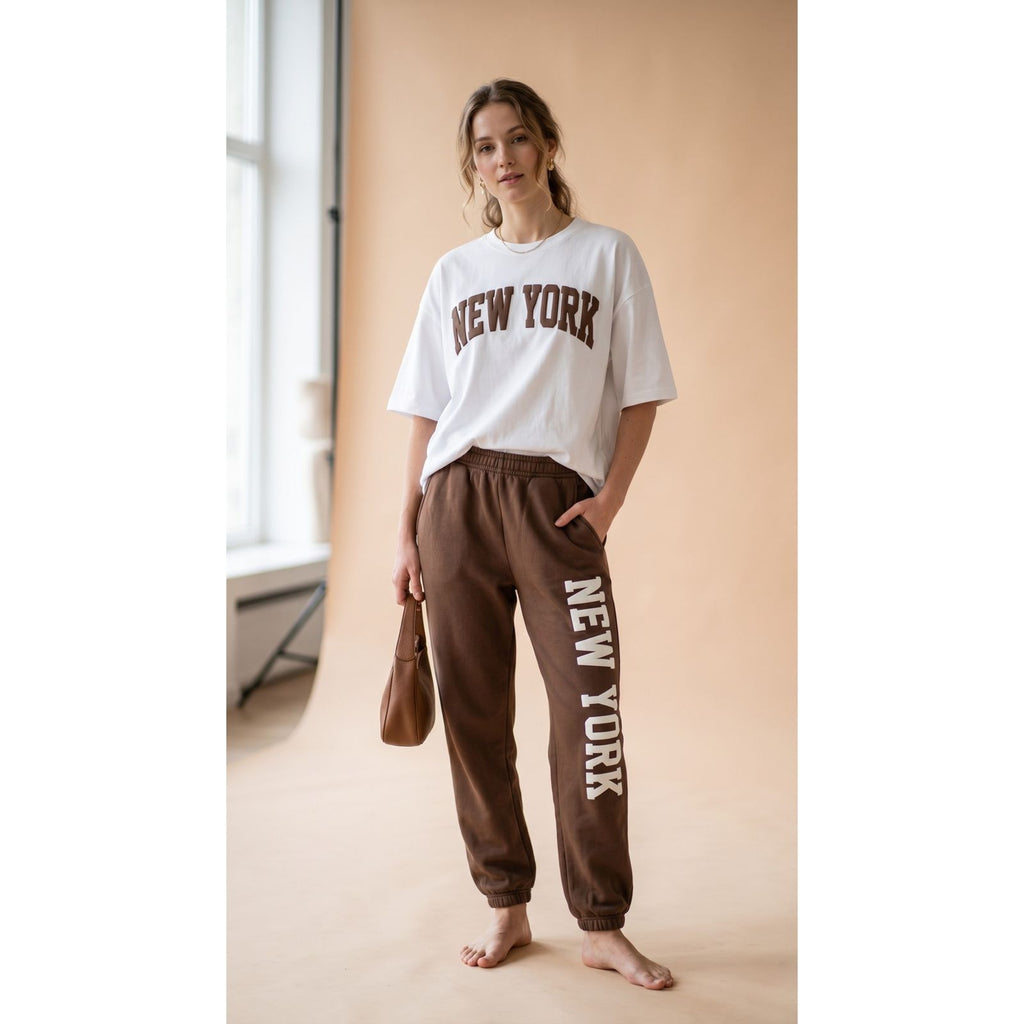 Mocha Brown New York Graphic Women's Co-Ord Set – Comfortable Matching Top & Pants