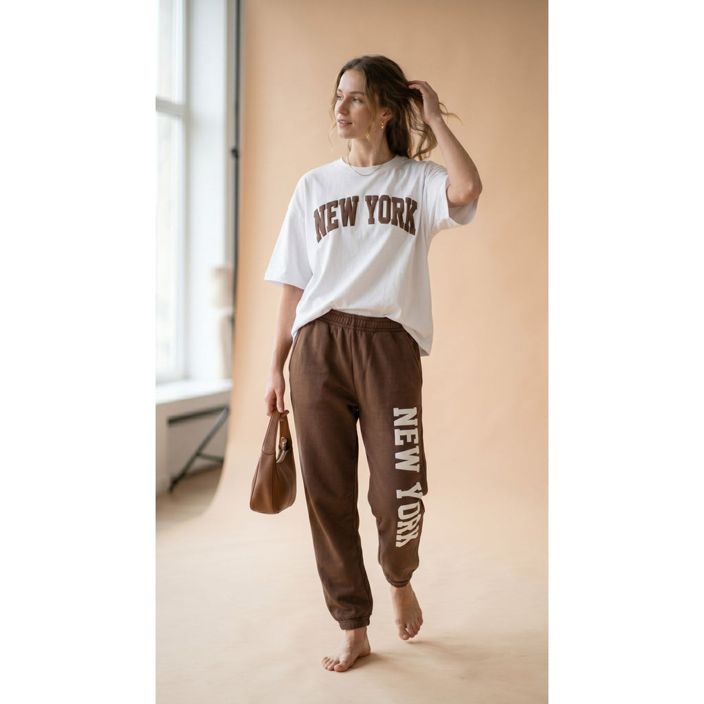 Mocha Brown New York Graphic Women's Co-Ord Set – Comfortable Matching Top & Pants