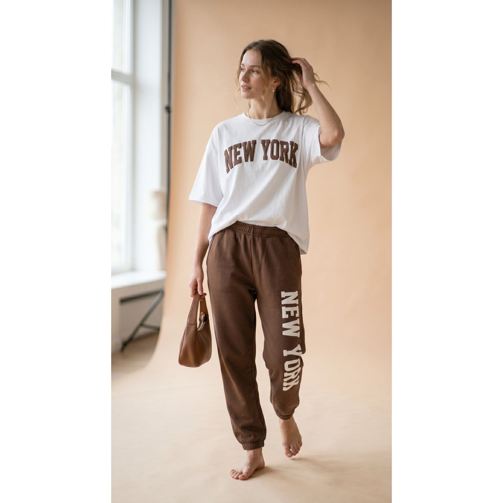 Mocha Brown New York Graphic Women's Co-Ord Set – Comfortable Matching Top & Pants