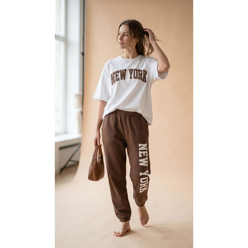 Mocha Brown New York Graphic Women's Co-Ord Set – Comfortable Matching Top & Pants