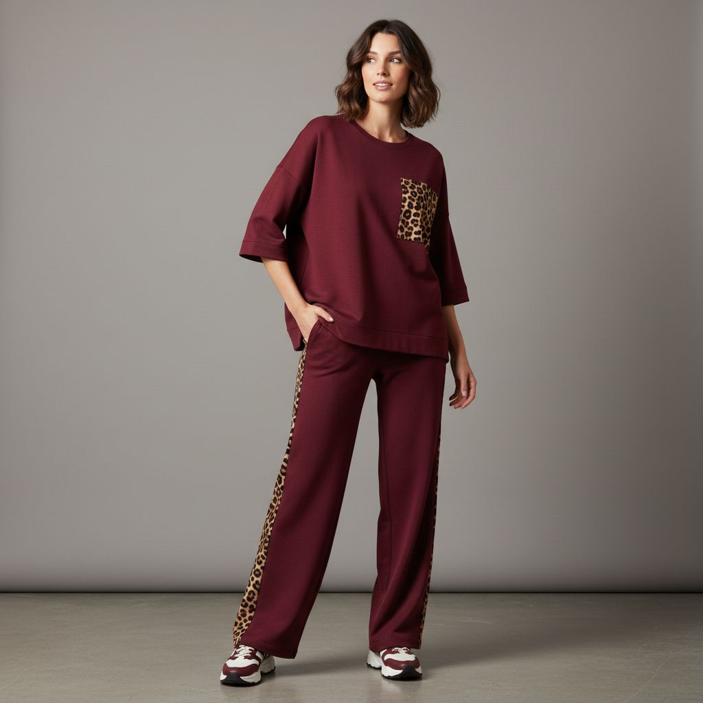 Cherry Red Colour Women's Comfortable Co-Ord Set with Leopard Print
