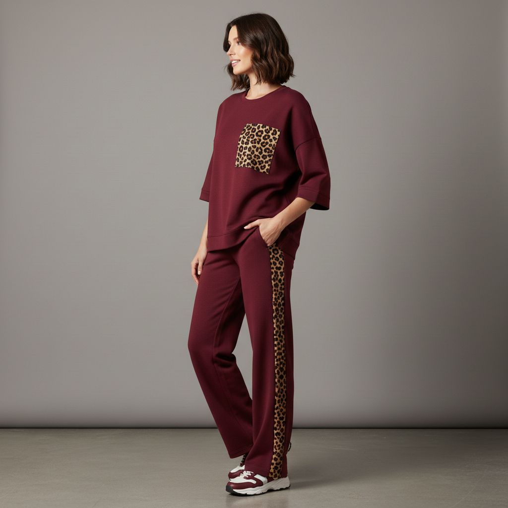 Cherry Red Colour Women's Comfortable Co-Ord Set with Leopard Print