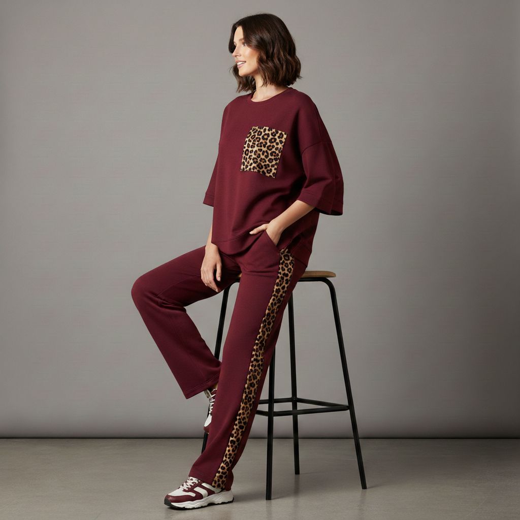 Cherry Red Colour Women's Comfortable Co-Ord Set with Leopard Print