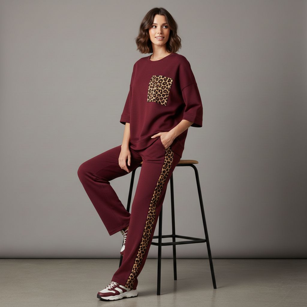 Cherry Red Colour Women's Comfortable Co-Ord Set with Leopard Print