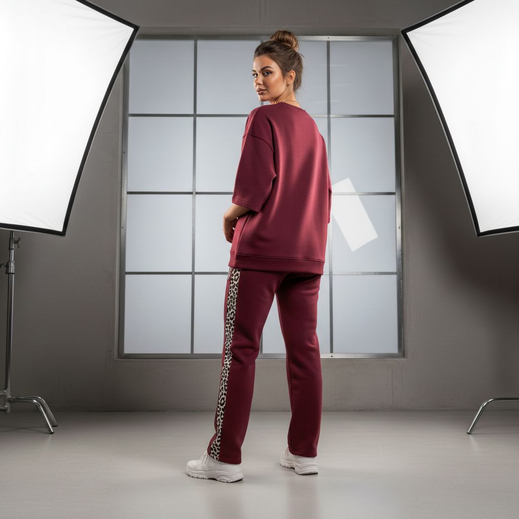 Burnt Maroon Colour Women's Comfortable Co-Ord Set with Leopard Print