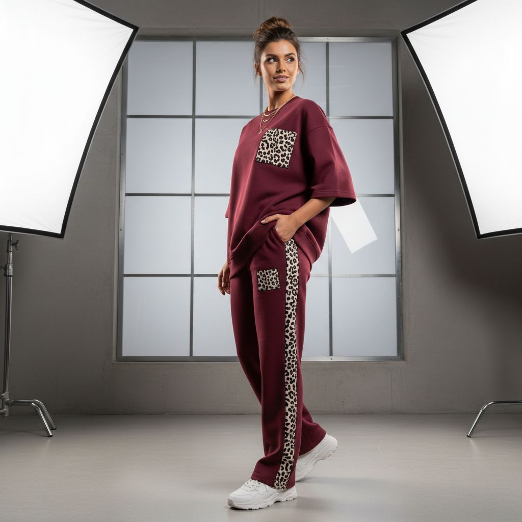 Burnt Maroon Colour Women's Comfortable Co-Ord Set with Leopard Print
