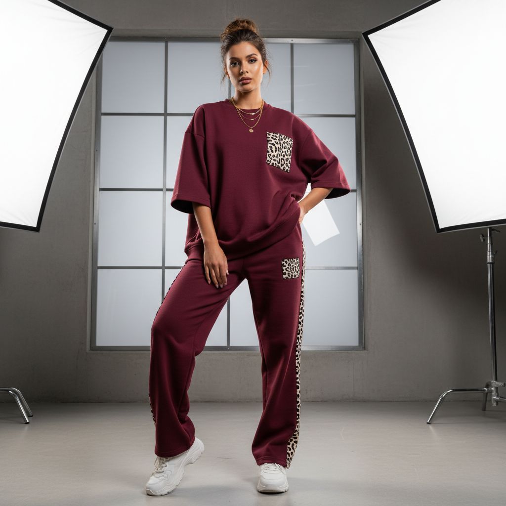 Burnt Maroon Colour Women's Comfortable Co-Ord Set with Leopard Print