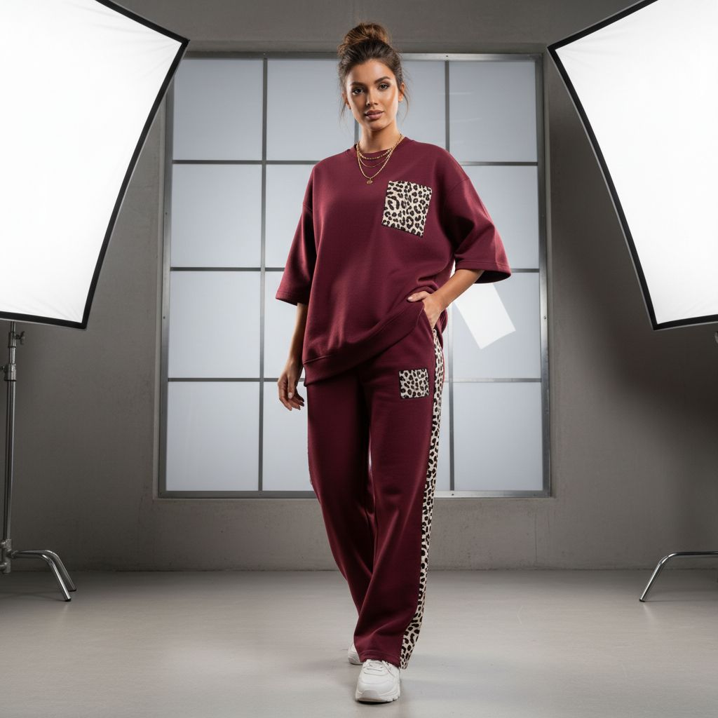 Burnt Maroon Colour Women's Comfortable Co-Ord Set with Leopard Print