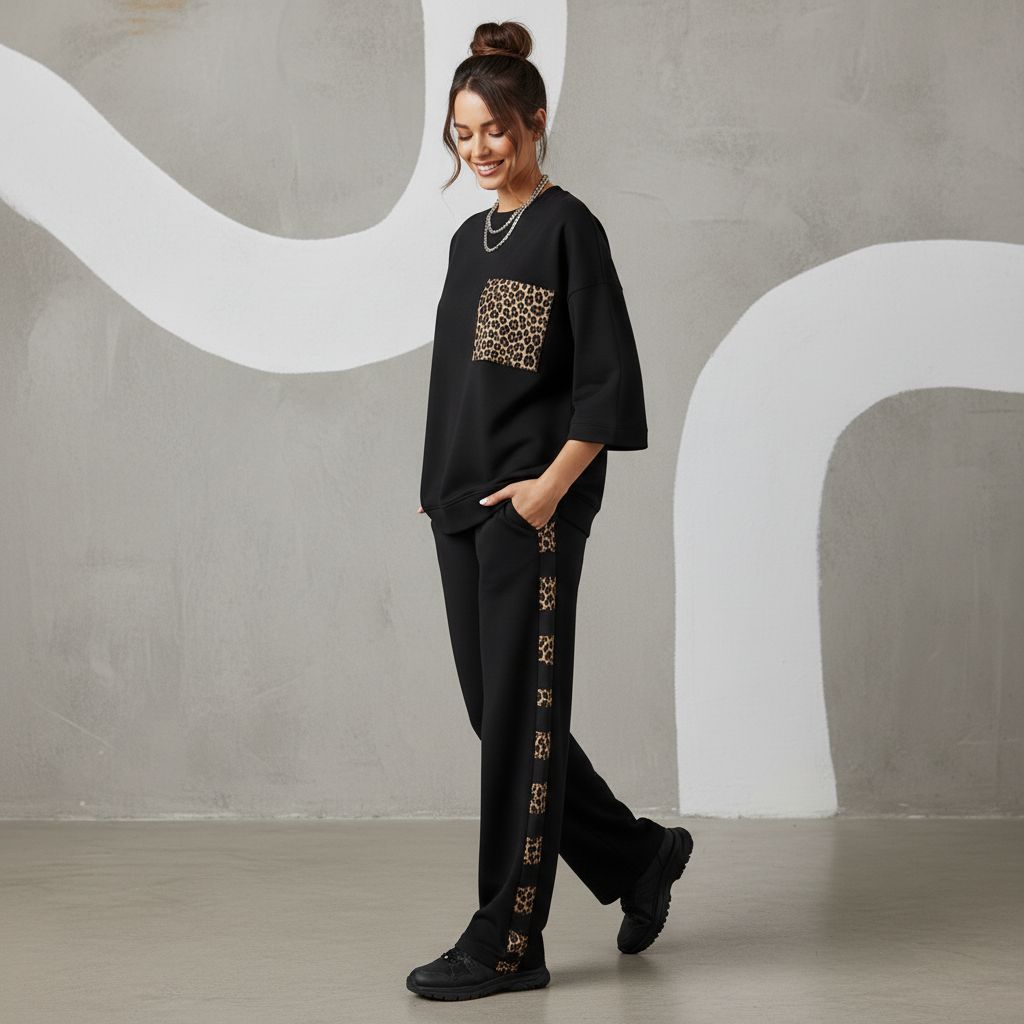 Jet Black Colour Women's Comfortable Co-Ord Set with Leopard Print