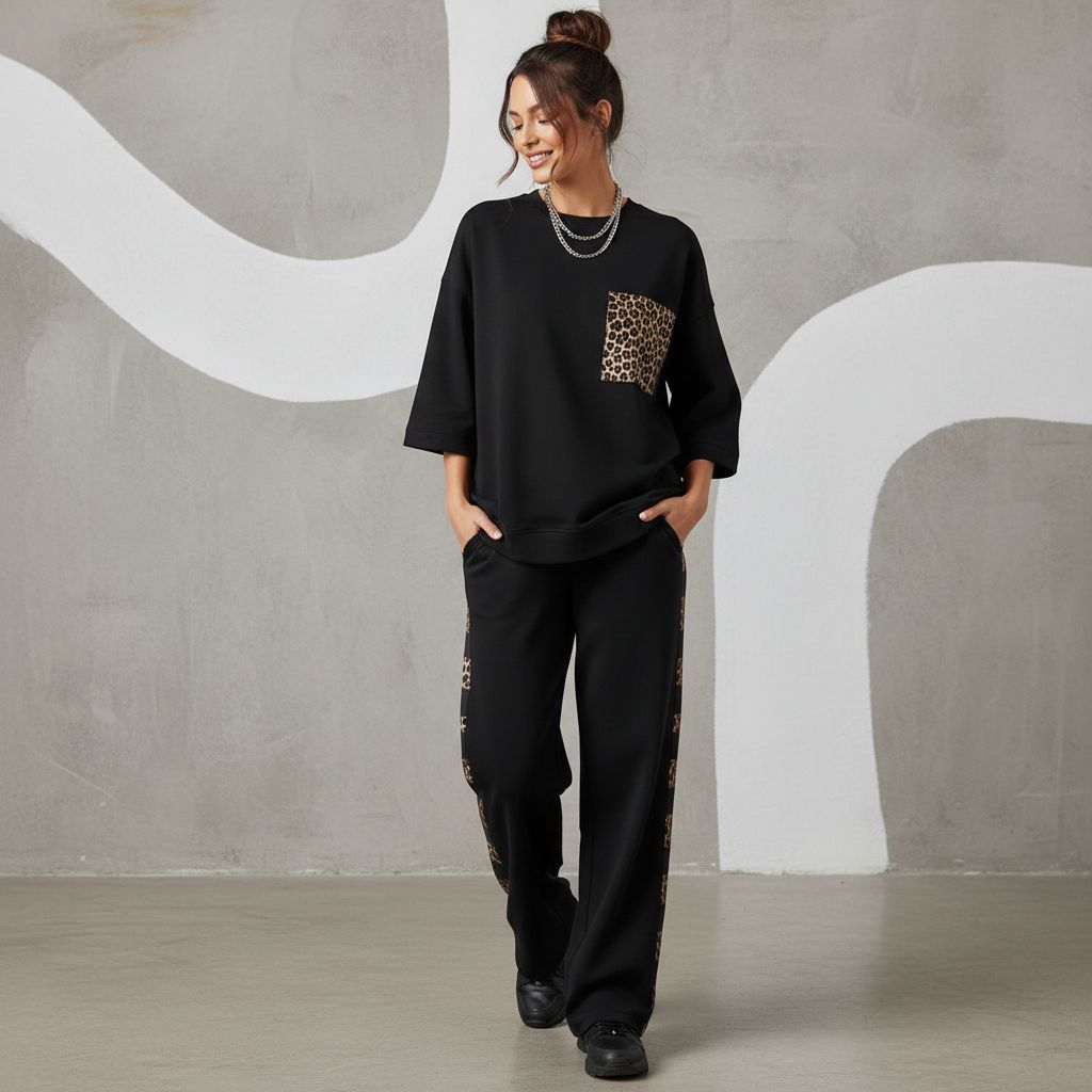 Jet Black Colour Women's Comfortable Co-Ord Set with Leopard Print