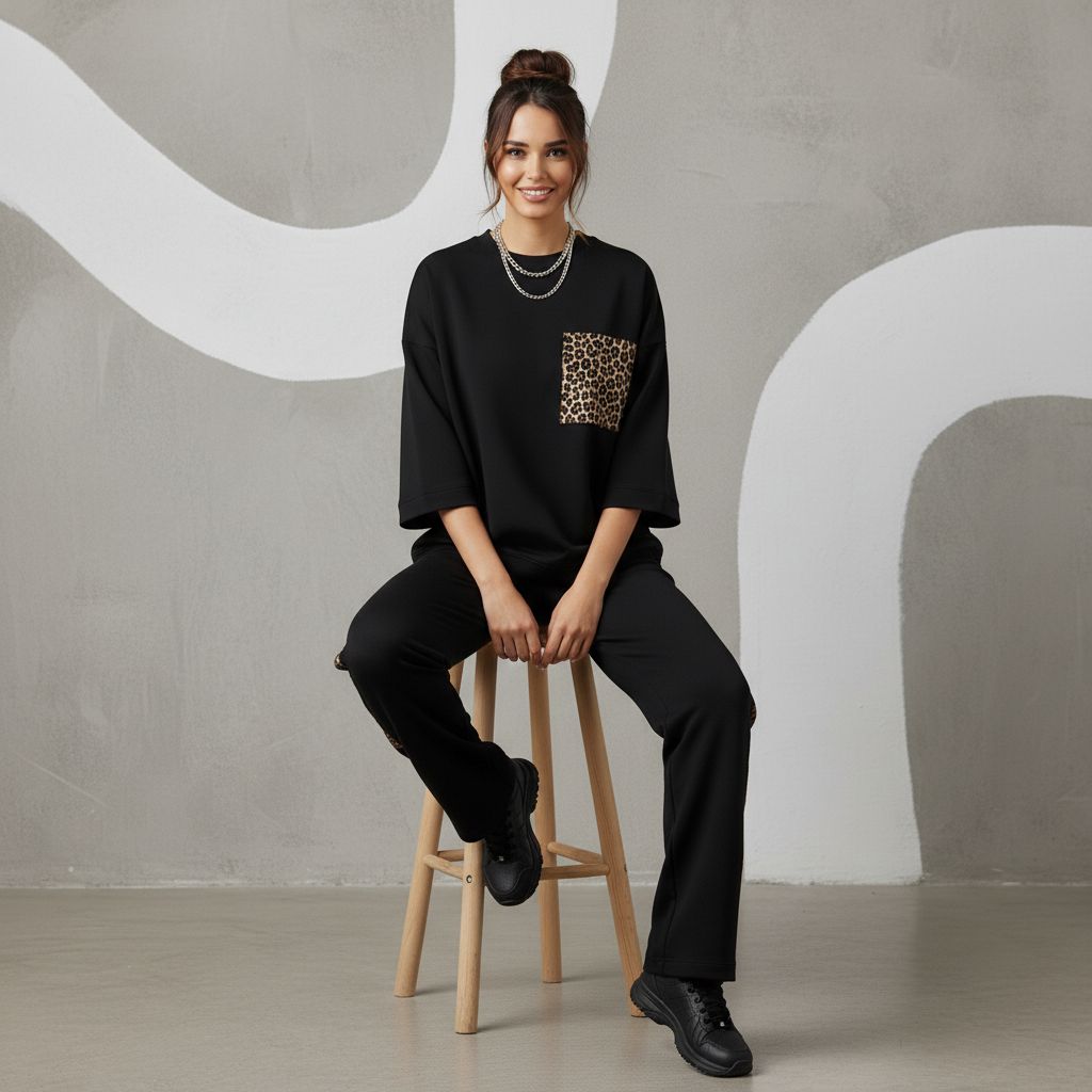 Jet Black Colour Women's Comfortable Co-Ord Set with Leopard Print
