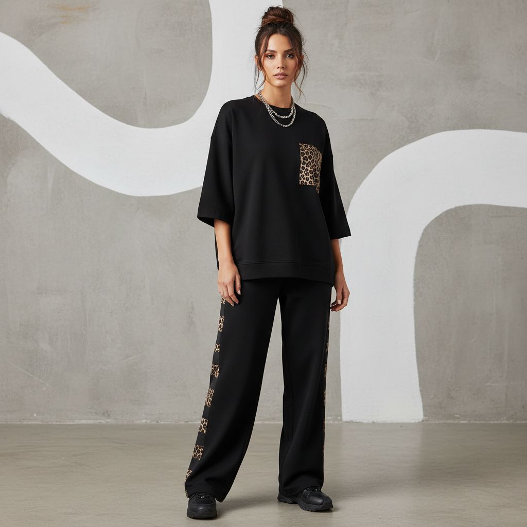 Jet Black Colour Women's Comfortable Co-Ord Set with Leopard Print