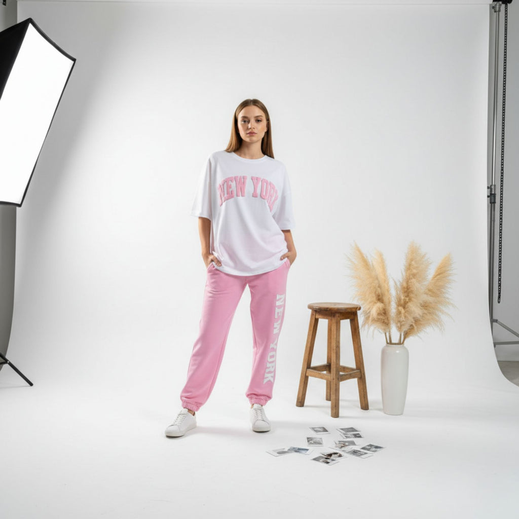 Baby Pink New York Graphic Women's Co-Ord Set – Comfortable Matching Top & Pants