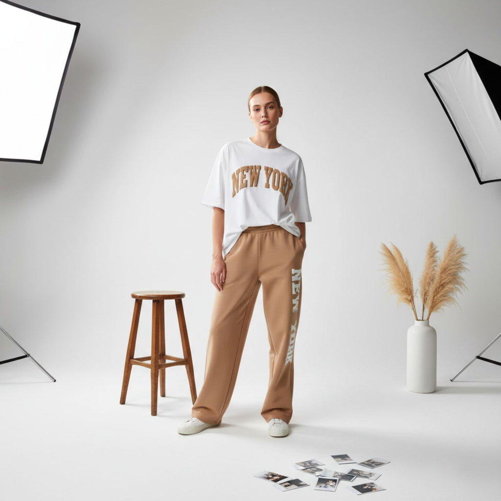 Sand Brown New York Graphic Women's Co-Ord Set – Comfortable Matching Top & Pants