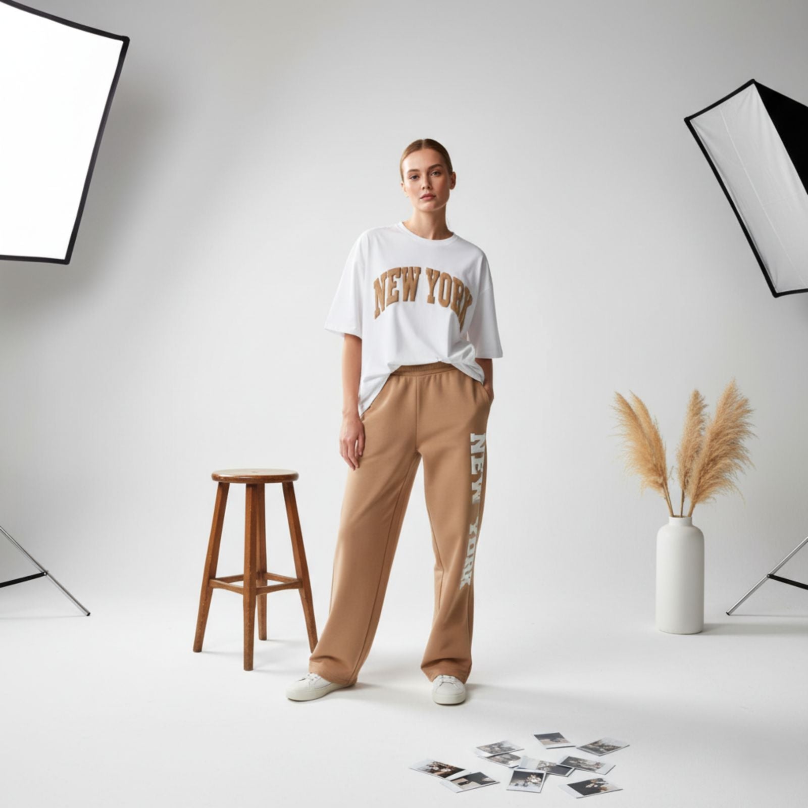 Sand Brown New York Graphic Women's Co-Ord Set – Comfortable Matching Top & Pants