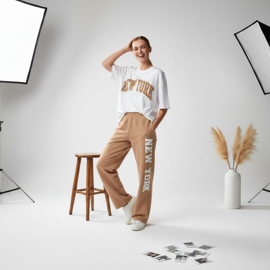 Sand Brown New York Graphic Women's Co-Ord Set – Comfortable Matching Top & Pants