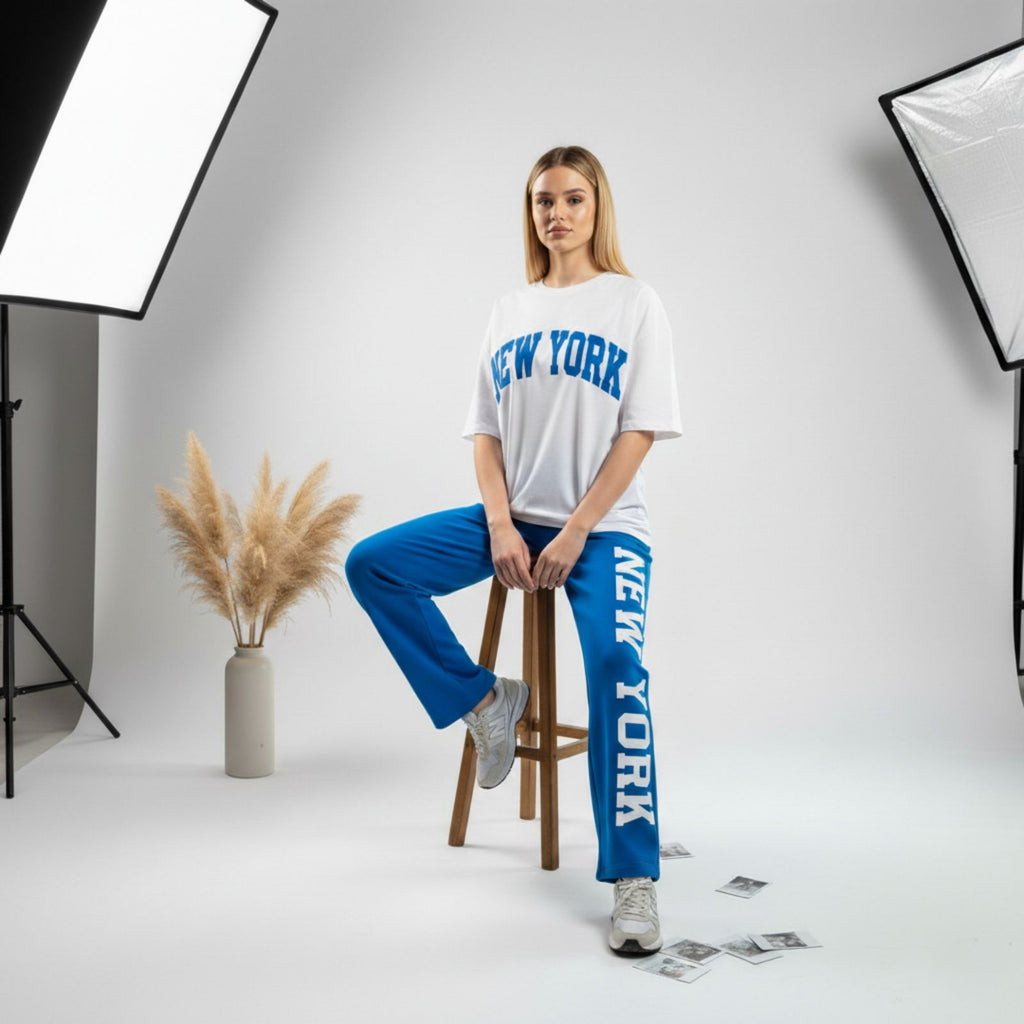 Royal Blue New York Graphic Women's Co-Ord Set – Comfortable Matching Top & Pants