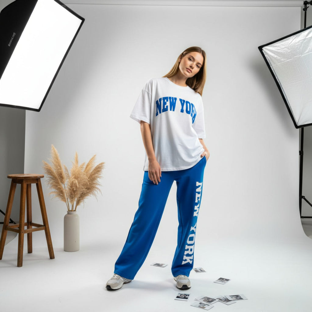 Royal Blue New York Graphic Women's Co-Ord Set – Comfortable Matching Top & Pants