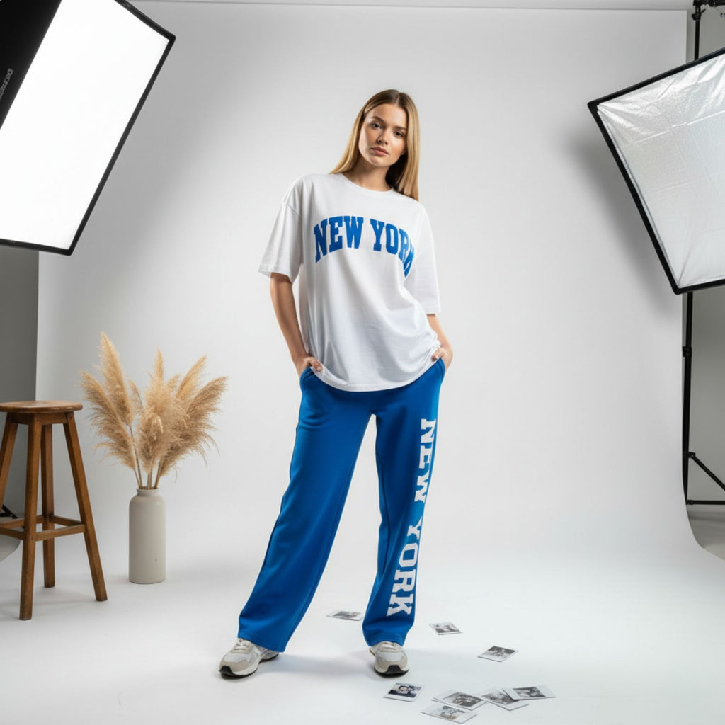 Royal Blue New York Graphic Women's Co-Ord Set – Comfortable Matching Top & Pants