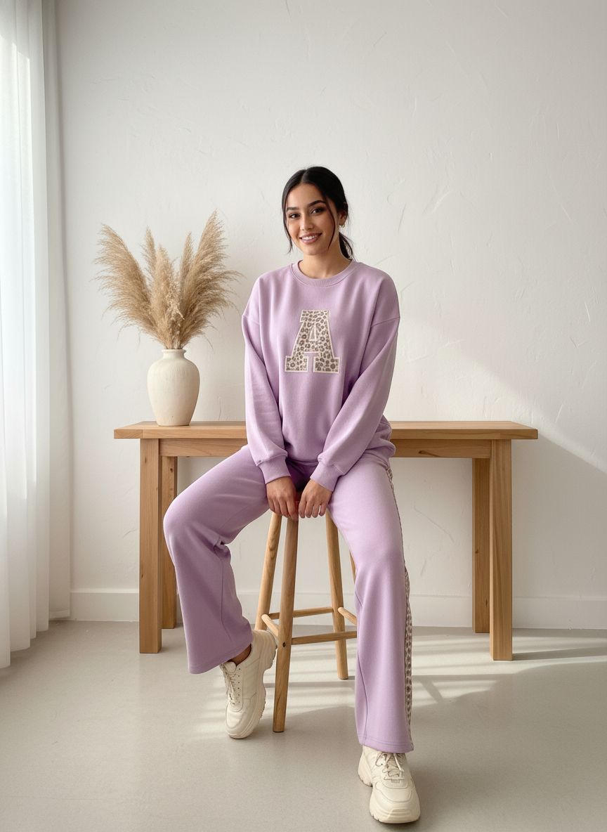 Lilac Colour Women's Comfortable Co-Ord Set with Leopard Print