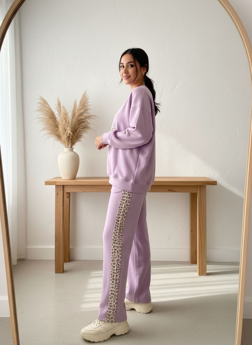 Lilac Colour Women's Comfortable Co-Ord Set with Leopard Print