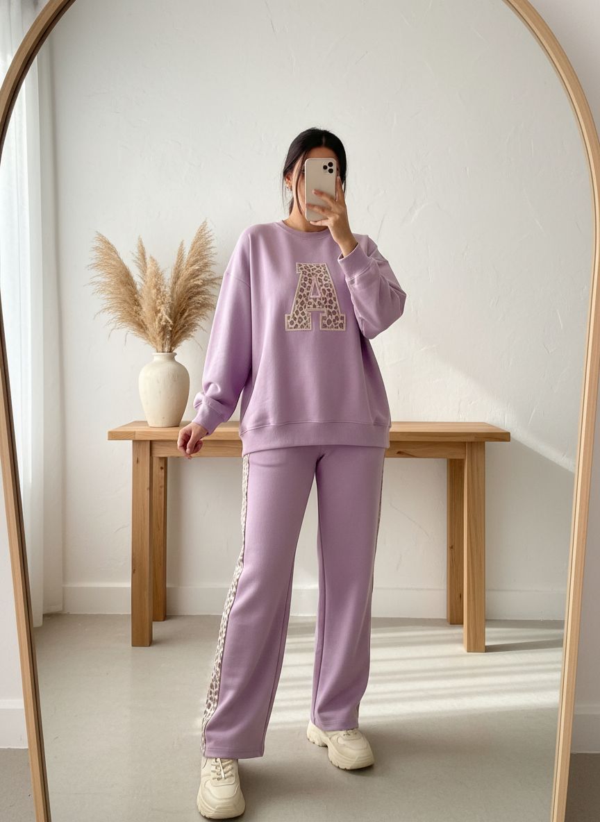 Lilac Colour Women's Comfortable Co-Ord Set with Leopard Print