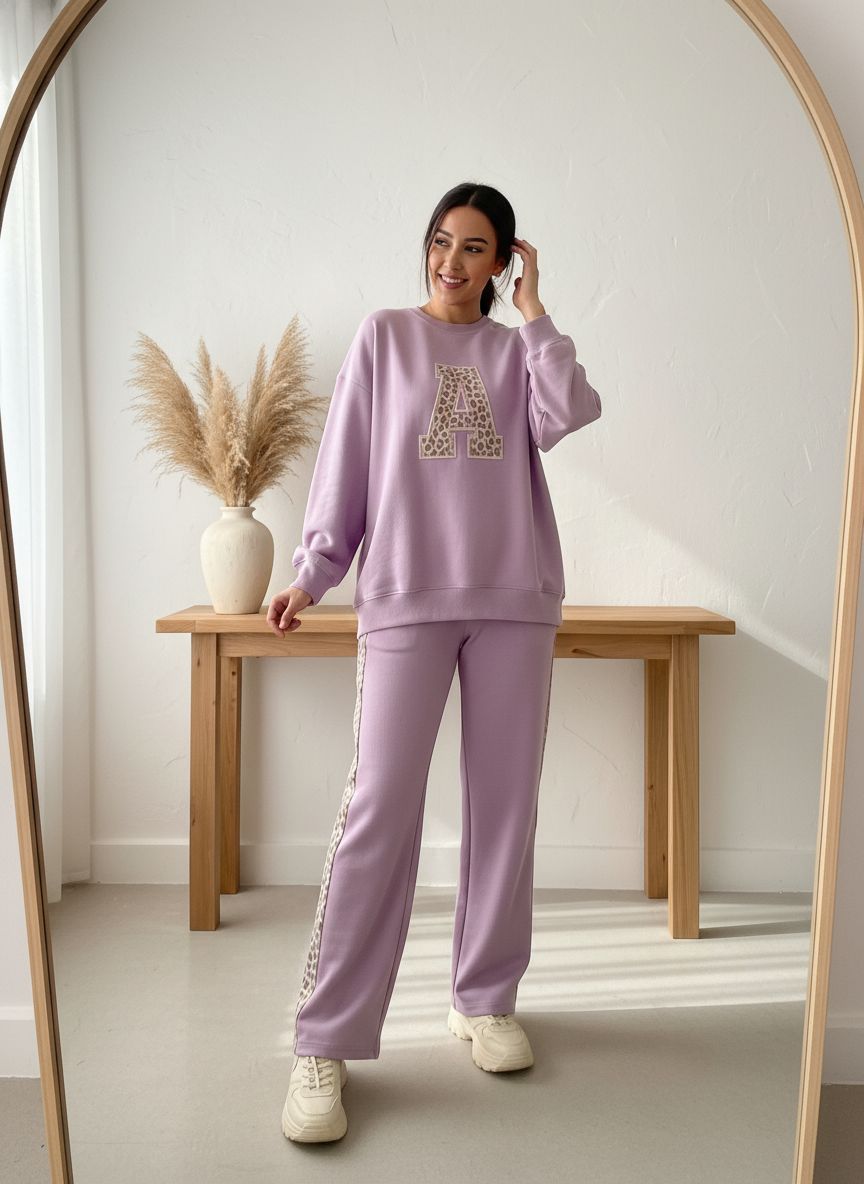 Lilac Colour Women's Comfortable Co-Ord Set with Leopard Print