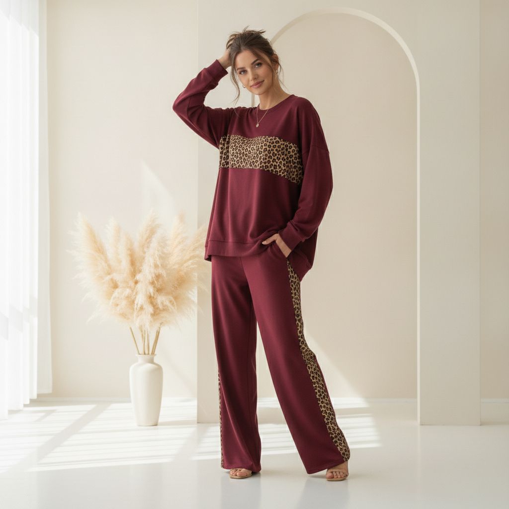 Burgundy Colour Women's Comfortable Co-Ord Set with Leopard Print