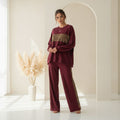 Burgundy Colour Women's Comfortable Co-Ord Set with Leopard Print