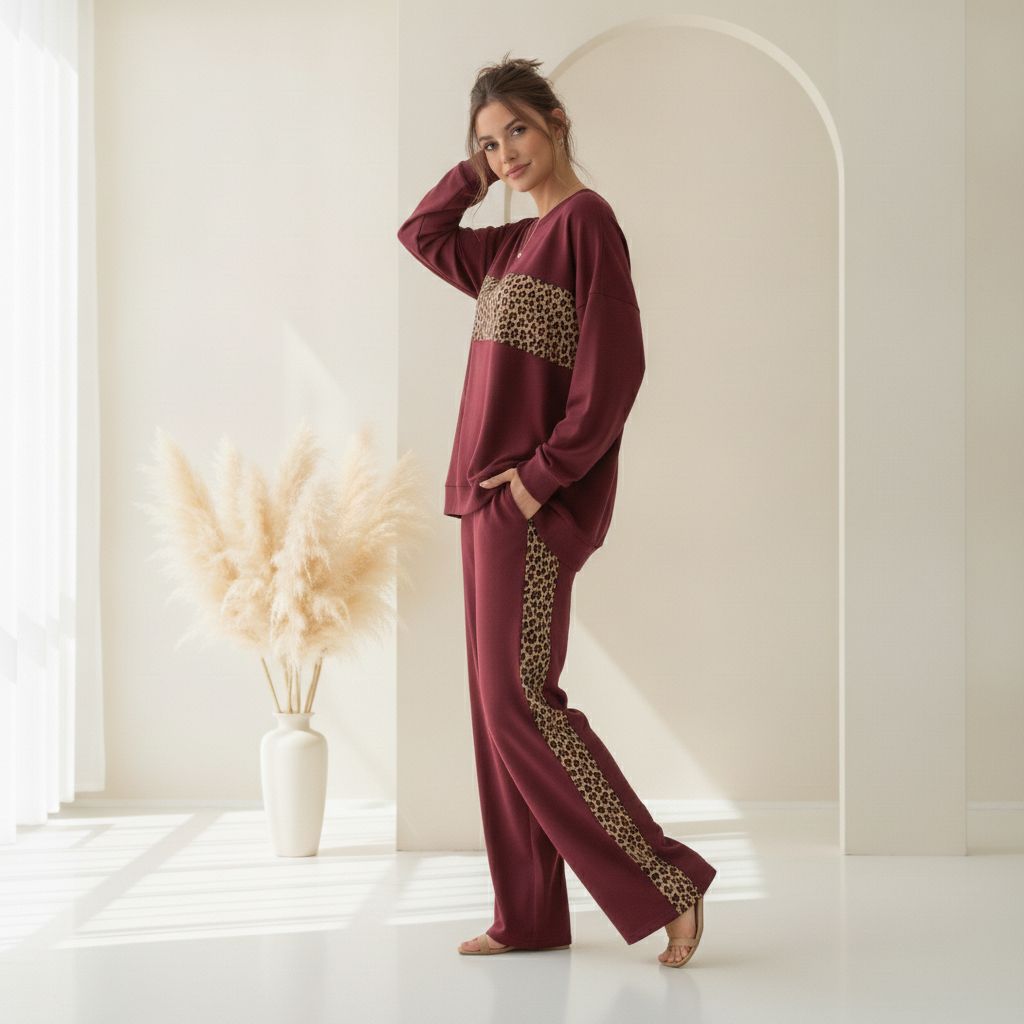 Burgundy Colour Women's Comfortable Co-Ord Set with Leopard Print