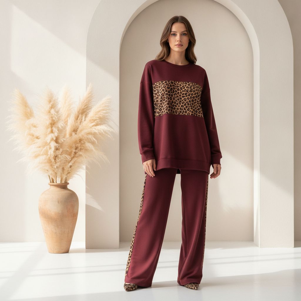Burgundy Colour Women's Comfortable Co-Ord Set with Leopard Print