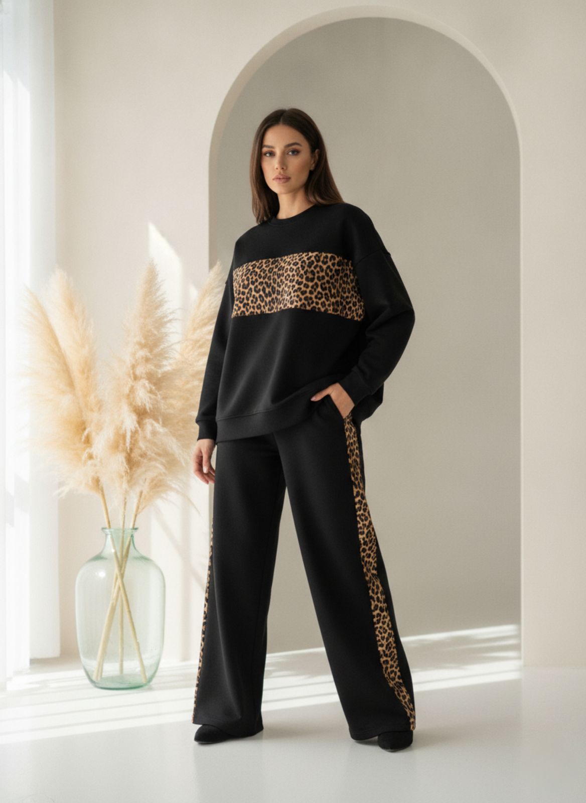 Deep Black Colour Women's Comfortable Co-Ord Set with Leopard Print