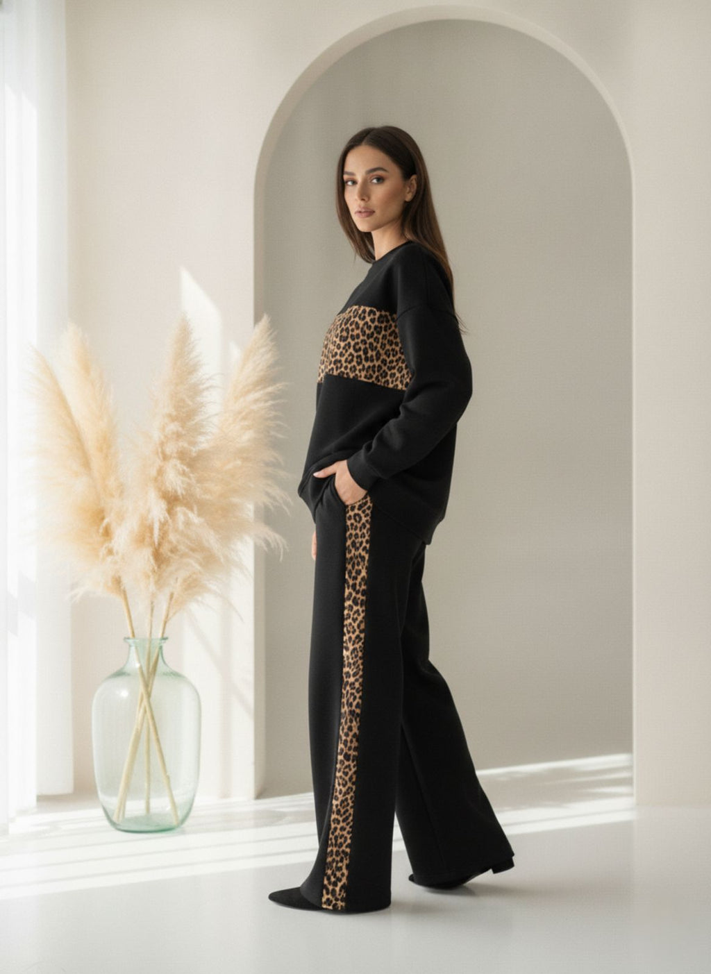 Deep Black Colour Women's Comfortable Co-Ord Set with Leopard Print