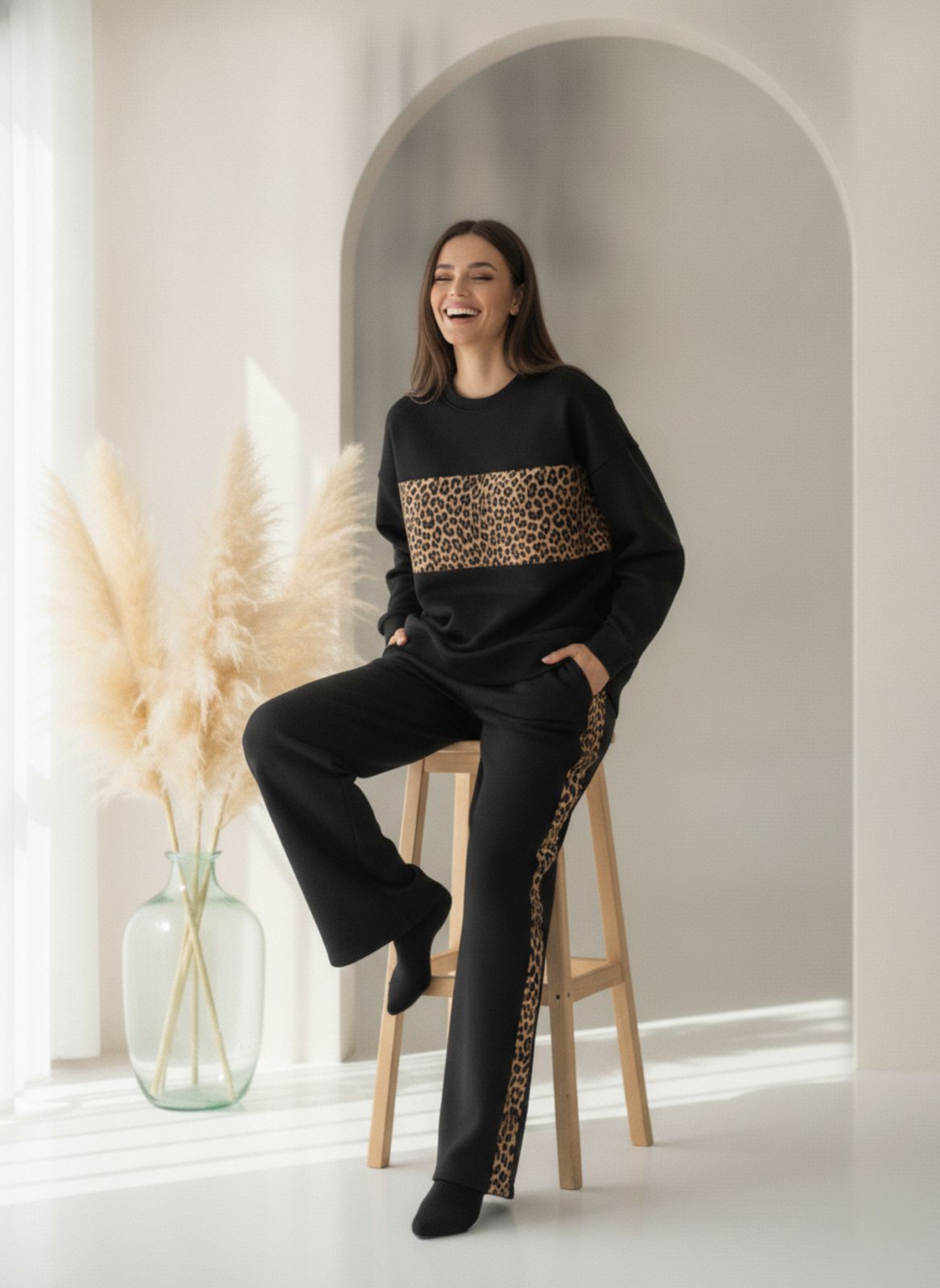 Deep Black Colour Women's Comfortable Co-Ord Set with Leopard Print