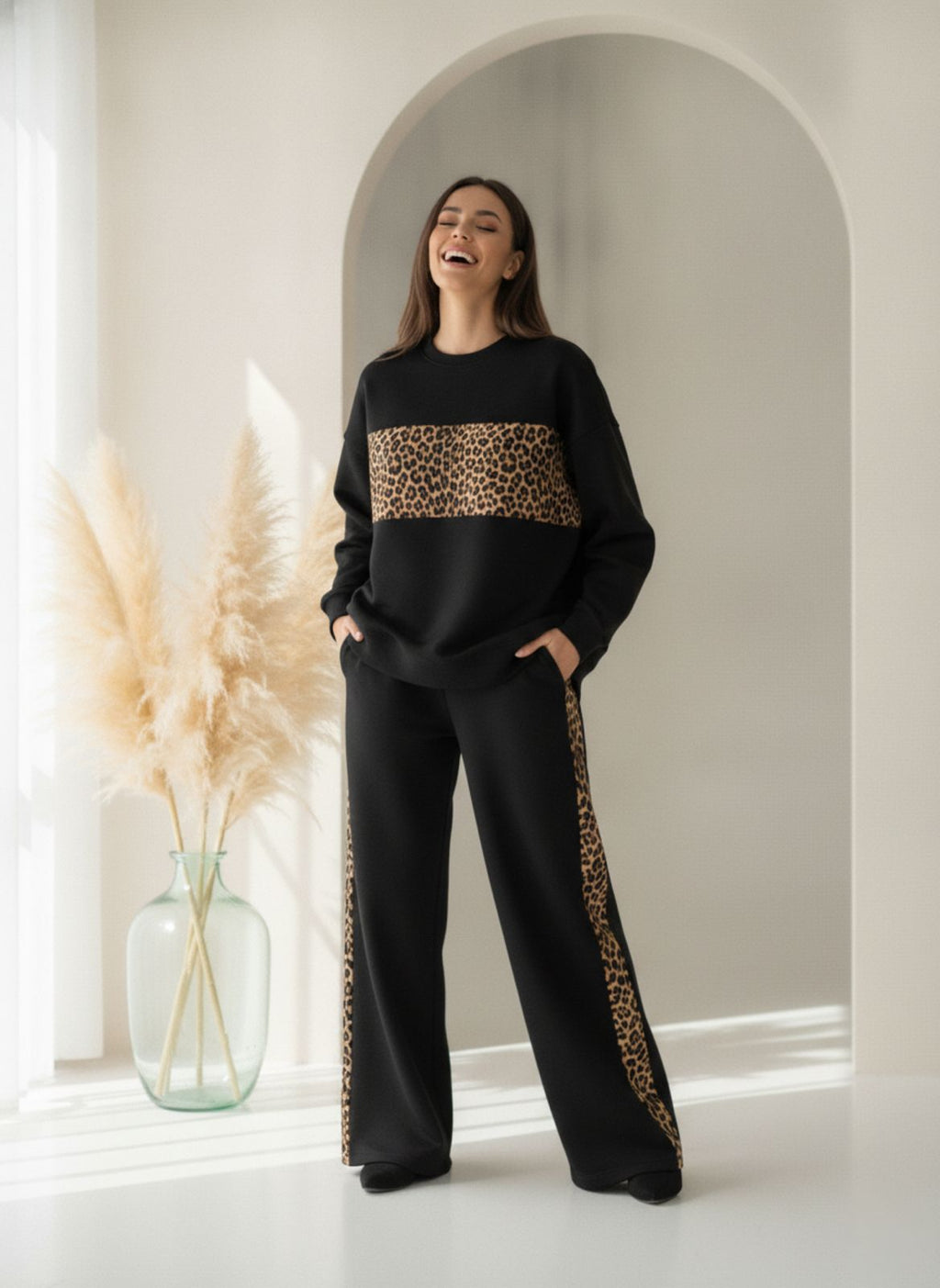 Deep Black Colour Women's Comfortable Co-Ord Set with Leopard Print