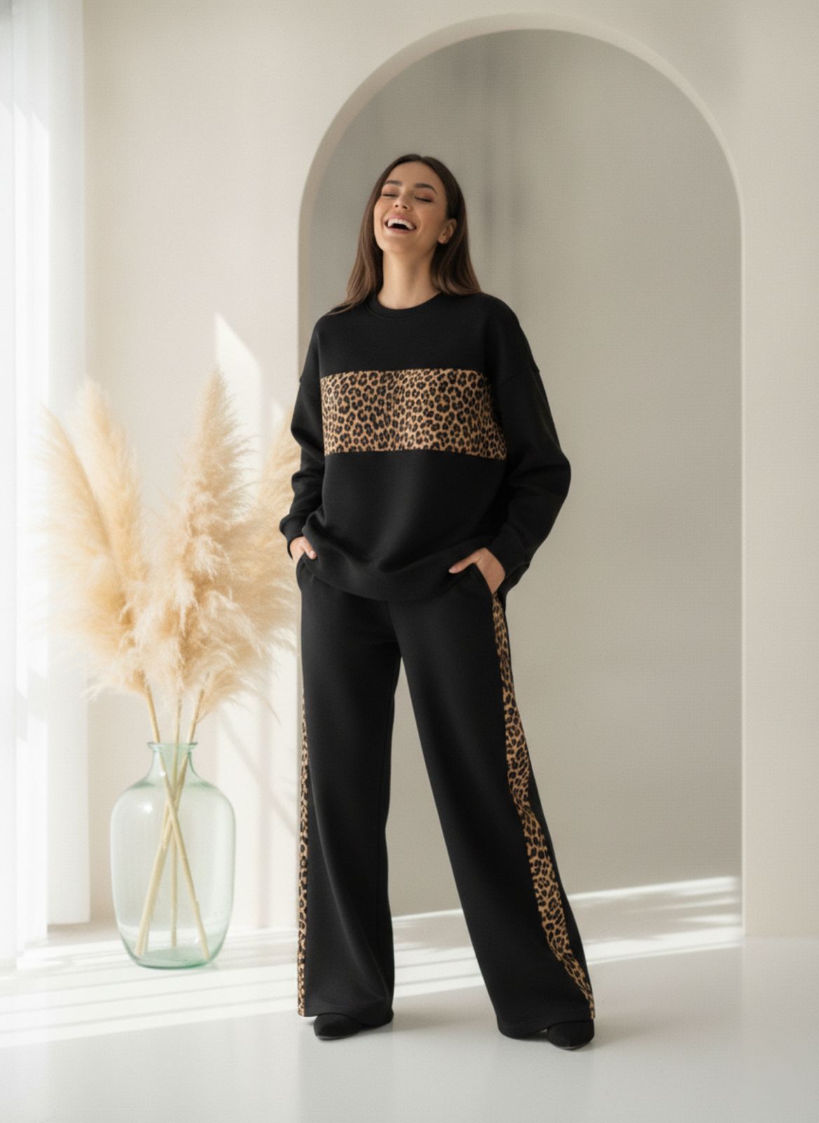 Deep Black Colour Women's Comfortable Co-Ord Set with Leopard Print