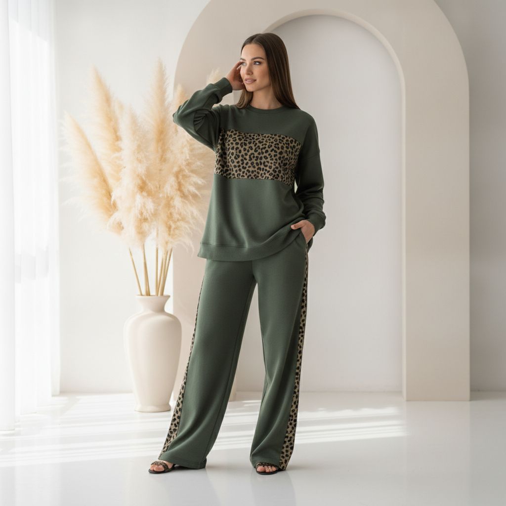 Olive Green Colour Women's Comfortable Co-Ord Set with Leopard Print