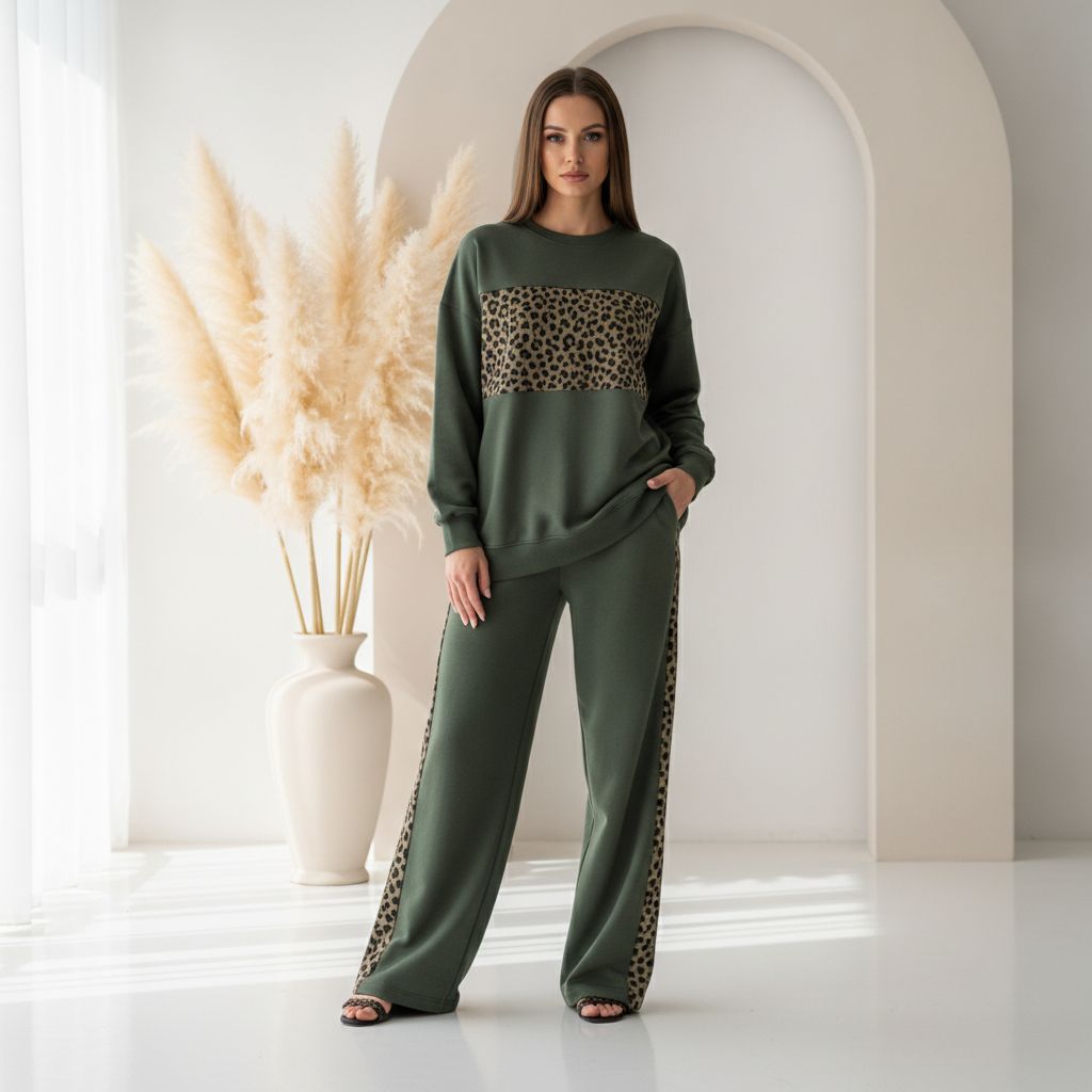 Olive Green Colour Women's Comfortable Co-Ord Set with Leopard Print