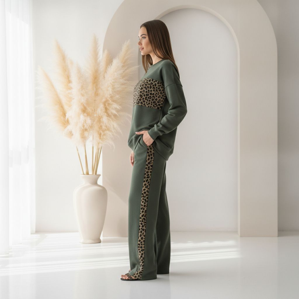 Olive Green Colour Women's Comfortable Co-Ord Set with Leopard Print