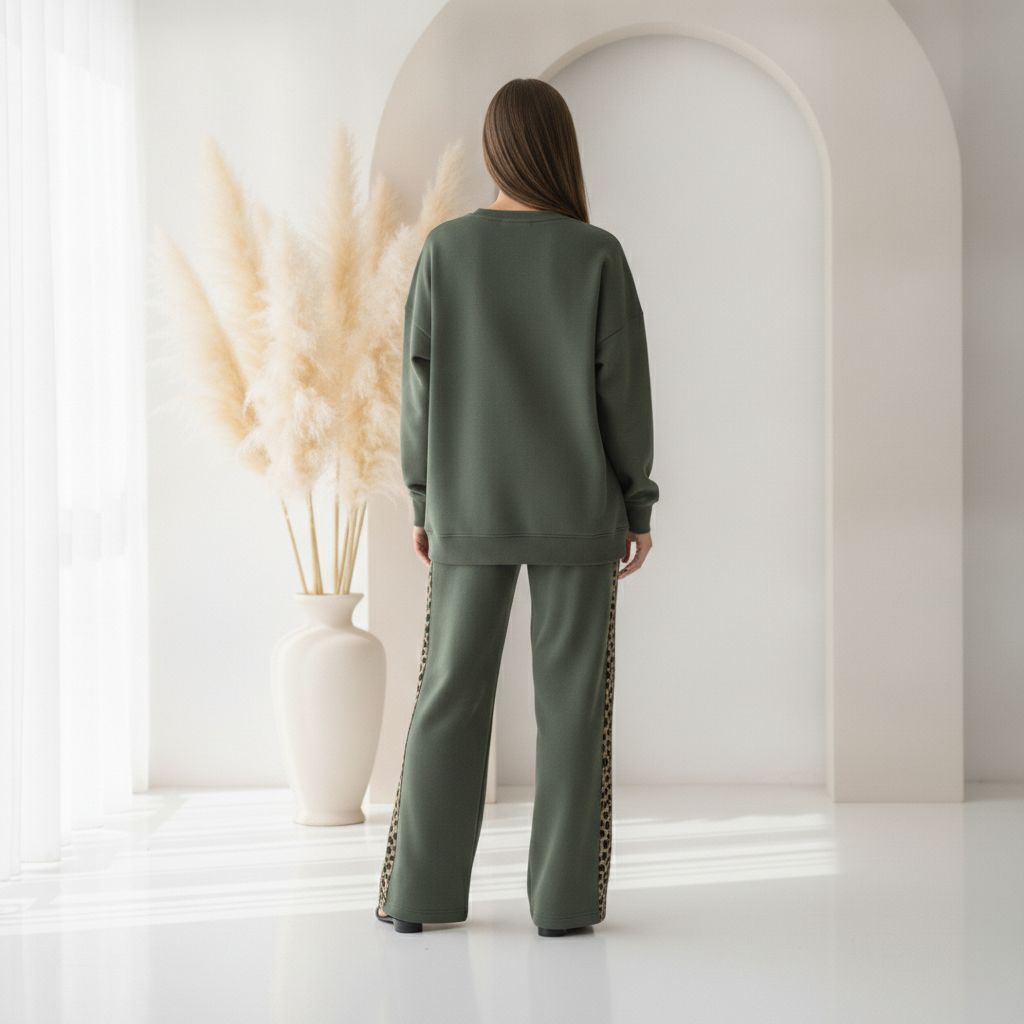 Olive Green Colour Women's Comfortable Co-Ord Set with Leopard Print