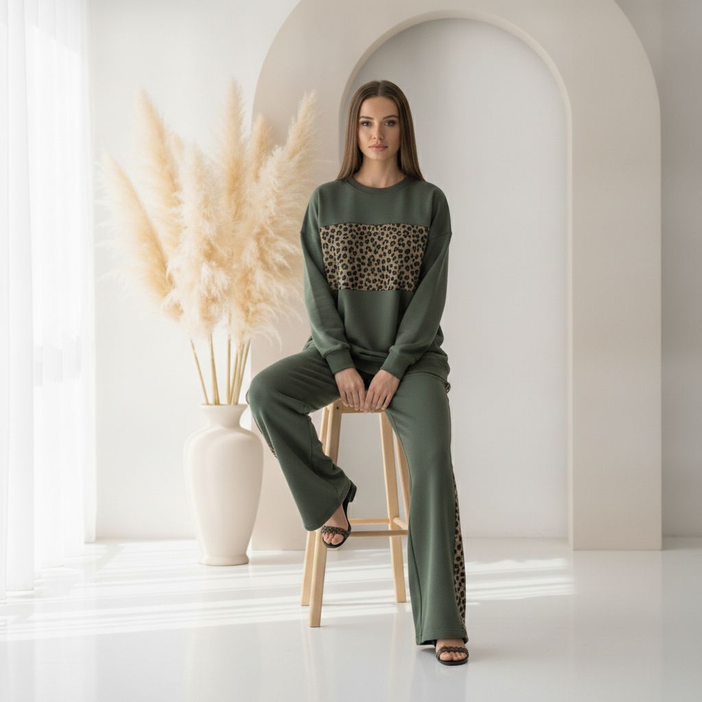 Olive Green Colour Women's Comfortable Co-Ord Set with Leopard Print