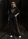 Deep Black Colour Women's Co-Ord Set with Leapord Print