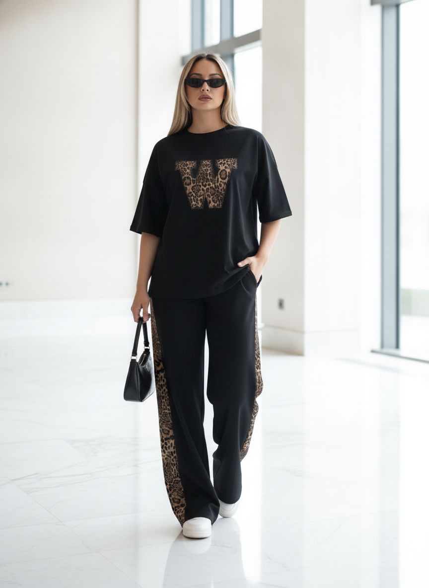 Deep Black Colour Women's Co-Ord Set with Leapord Print