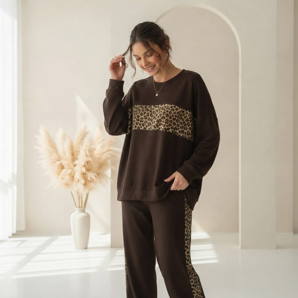 Mud Brown Colour Women's Co-Ord Set with Leapord Print