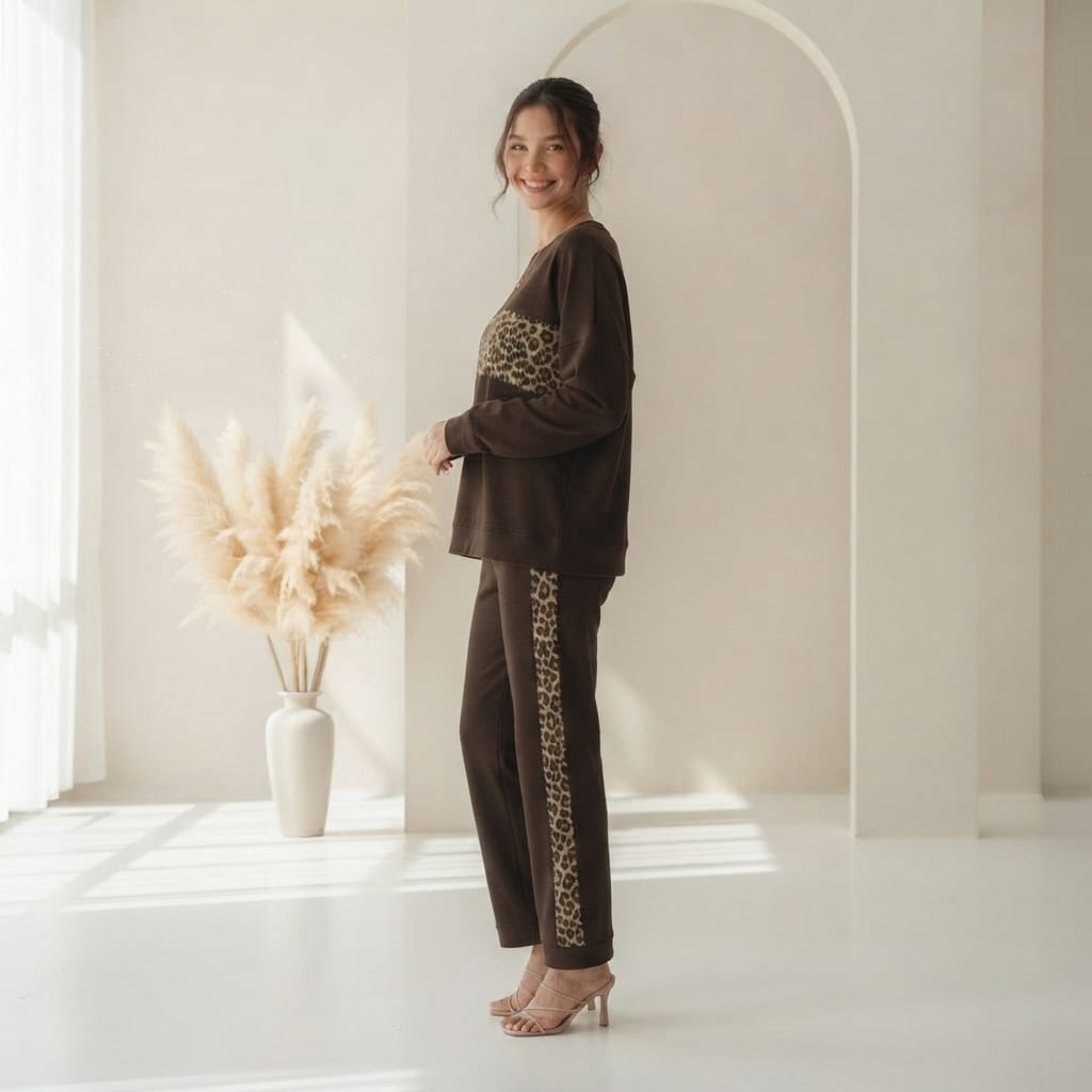 Mud Brown Colour Women's Co-Ord Set with Leapord Print