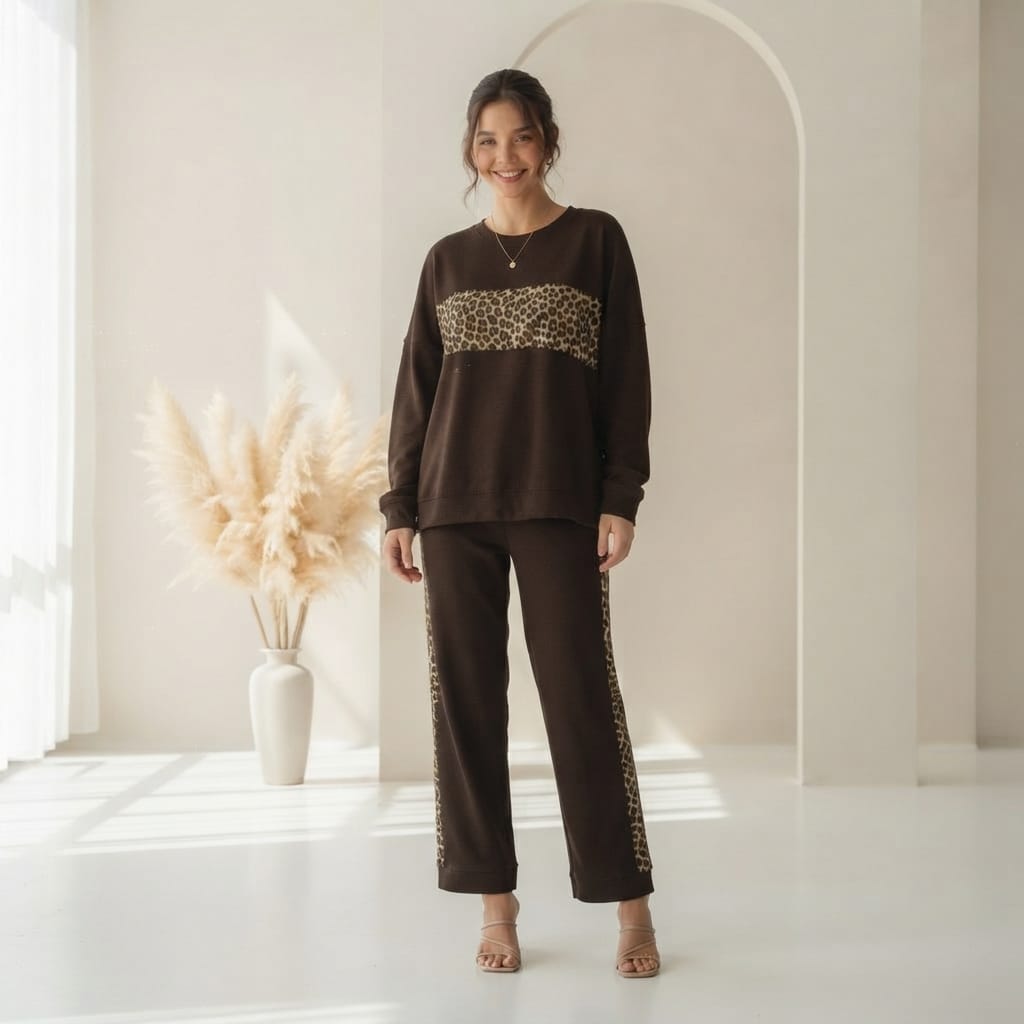 Mud Brown Colour Women's Co-Ord Set with Leapord Print