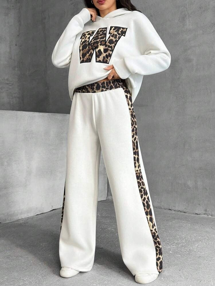 Snow White Colour Women's Co-Ord Set with Leopard Print and Hoodie