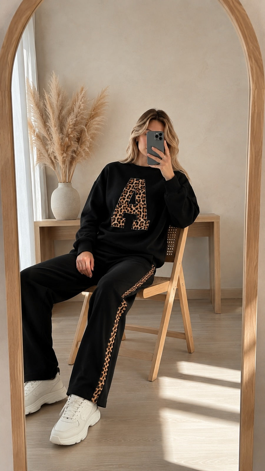 Deep Black Colour Women's Co-Ord Set with Leapord Print