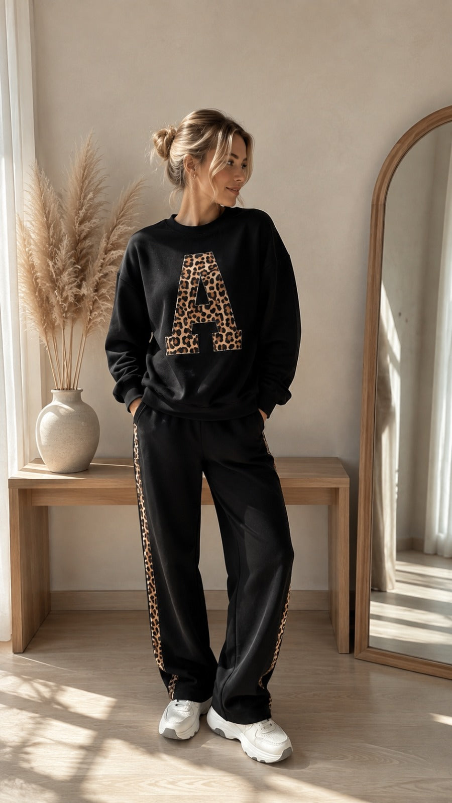 Deep Black Colour Women's Co-Ord Set with Leapord Print