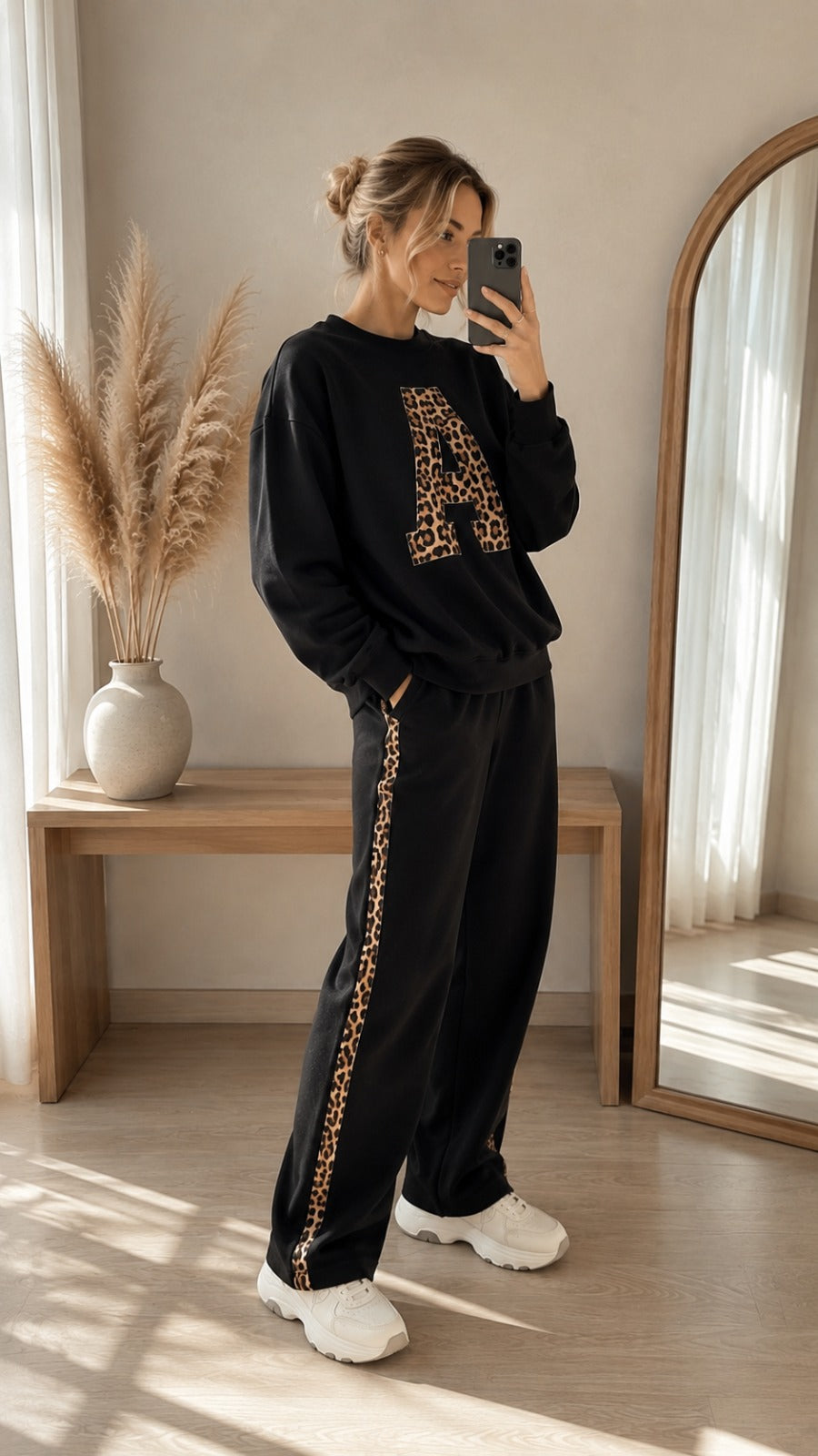 Deep Black Colour Women's Co-Ord Set with Leapord Print